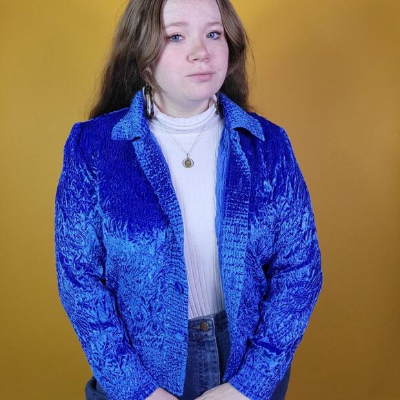 Vintage Blue Quilted Velvet Button Up Shirt, M - Picture 2 of 4